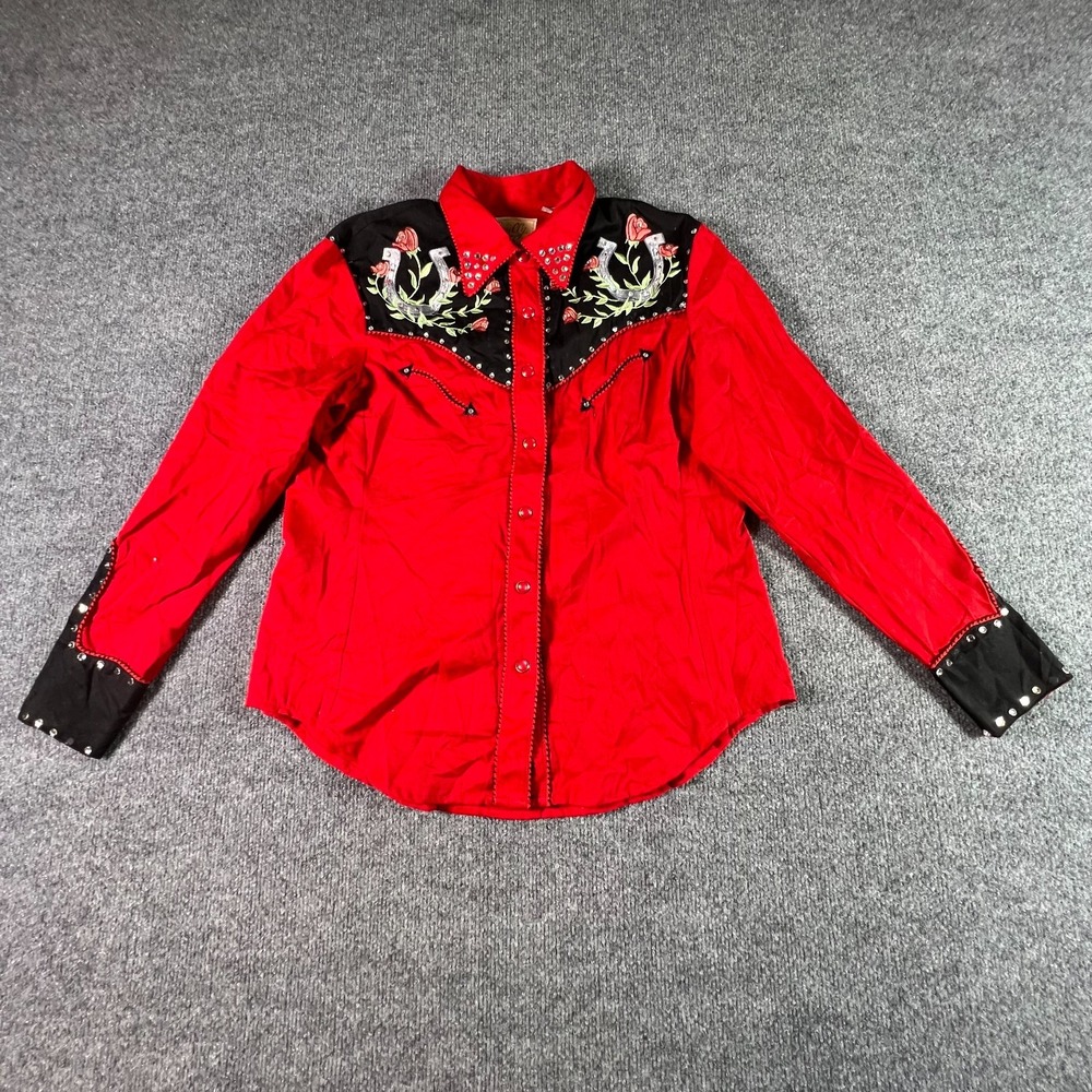 Scully Western Shirt Womens Medium Red Floral Pearl Snap Horseshoe Rhinestone
